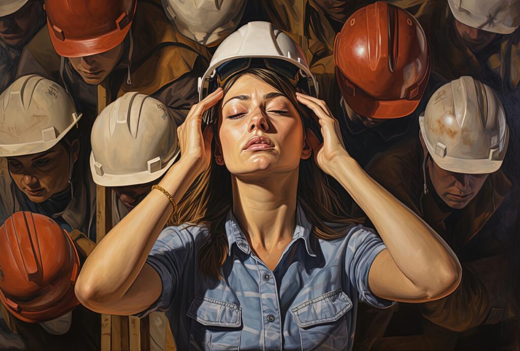 Auf dem Bau Arbeitende steht in der Mitte von weiteren auf dem Bau Arbeitenden mit einem Burnout