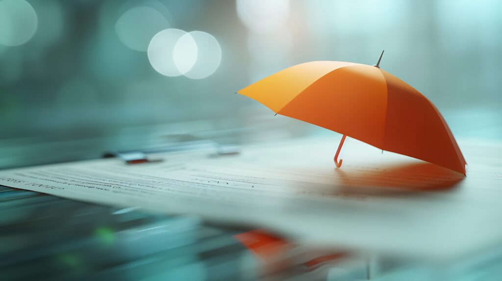 Ein Orangener Regenschirm liegt über einem Dokument und schützt dieses vor dem Regen